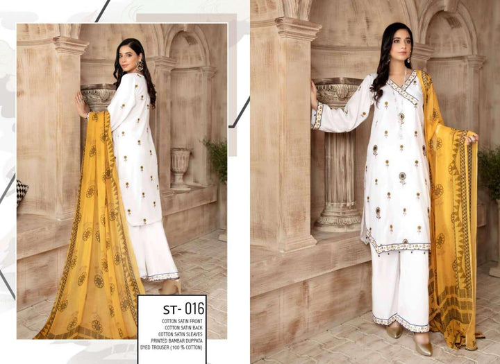 T-16 - SAFWA EMBROIDERED COTTON SATIN 3 PIECE COLLECTION -SHIRT Trouser and Duptta | SAFWA DRESS DESIGN| DRESSES | PAKISTANI DRESSES| SAFWA -SAFWA Brand Pakistan online shopping for Designer