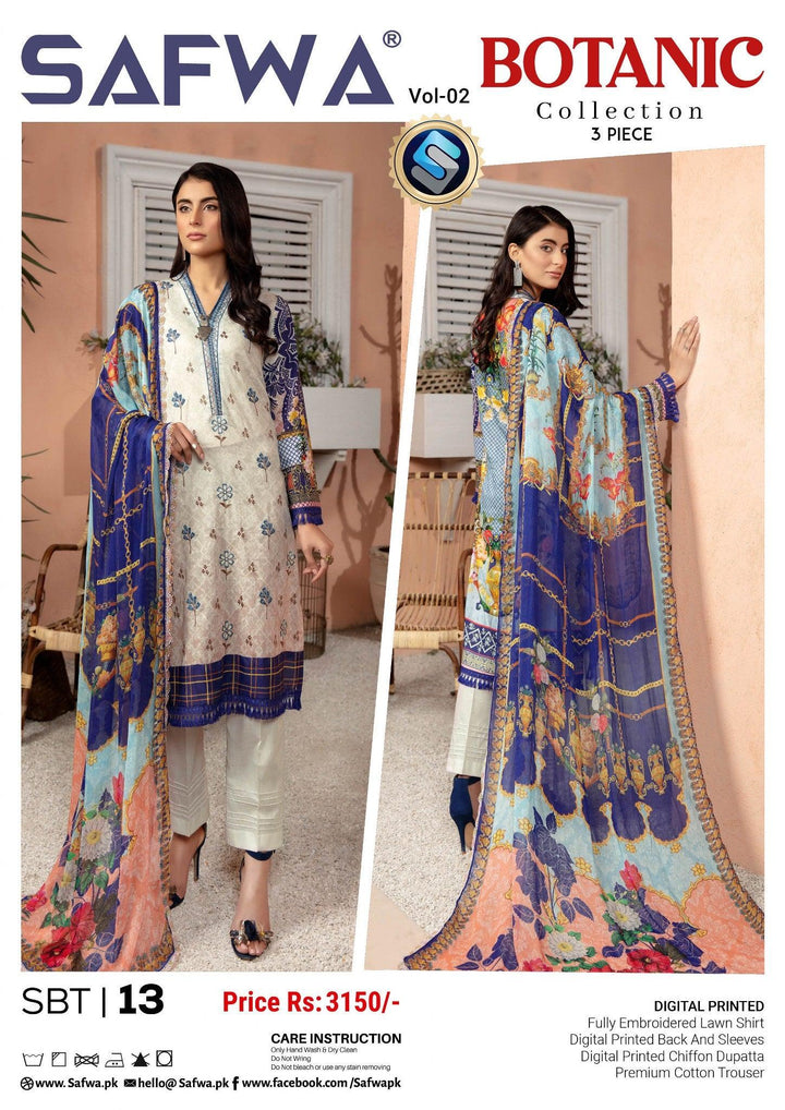 SBT-13 - SAFWA BOTANIC EMBROIDERED 3-PIECE COLLECTION VOL 02 Dresses | Dress Design | Pakistani Dresses | Online Shopping in Pakistan 2022