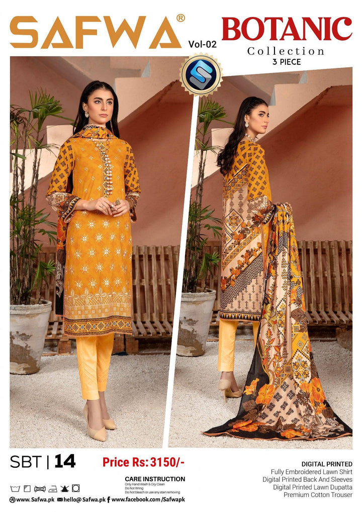 SBT-14 - SAFWA BOTANIC EMBROIDERED 3-PIECE COLLECTION VOL 02 Dresses | Dress Design | Pakistani Dresses | Online Shopping in Pakistan 2022