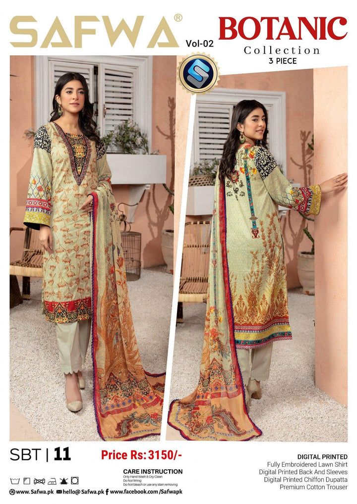 SBT-11 - SAFWA BOTANIC EMBROIDERED 3-PIECE COLLECTION VOL 02 Dresses | Dress Design | Pakistani Dresses | Online Shopping in Pakistan 2022