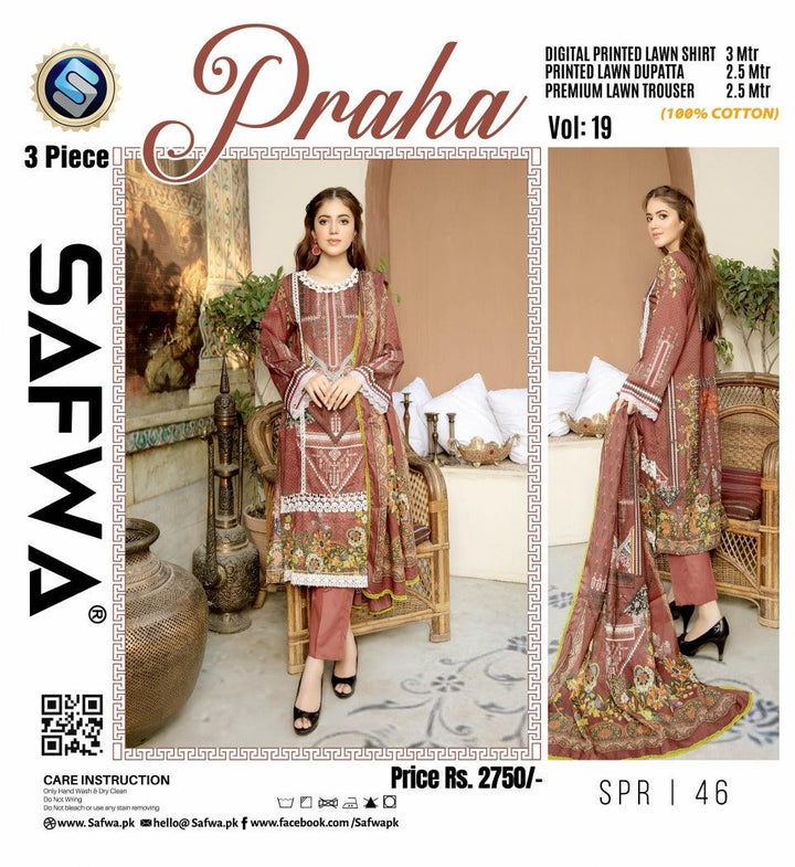 SPR-46 - SAFWA PRAHA COLLECTION 3 PIECE SUIT 2021 - Three Piece Suit-SAFWA -SAFWA Brand Pakistan online shopping for Designer Dresses| SAFWA| DRESS| DESIGN| DRESSES| PAKISTANI DRESSES