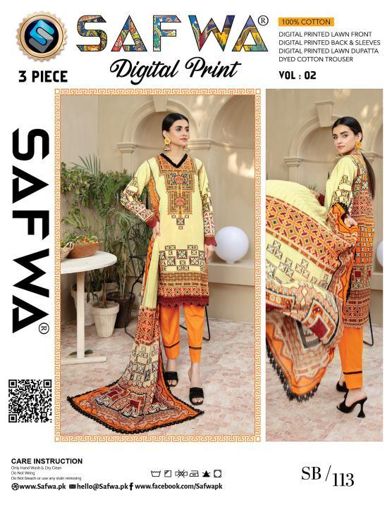 SB-113 - SAFWA DIGITAL PRINT 3-PIECE LAWN COLLECTION VOL 02 2021 Three Piece Suit- SAFWA Brand Pakistan online shopping for Designer Dresses