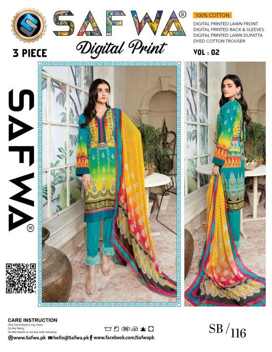 SB-116 - SAFWA DIGITAL PRINT 3-PIECE LAWN COLLECTION VOL 02 2021 Three Piece Suit- SAFWA Brand Pakistan online shopping for Designer Dresses